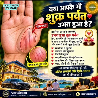 Instagram post in Hindi on a raised Mount of Venus and what it is said to signify, branded with the AstroSopan website and phone number.